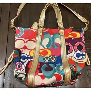 Coach Poppy Op Art 13830 Y2K Multicolor Satin Satchel Crossbody Gold Trim EUC
